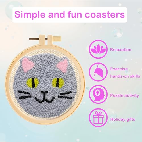 Image of 57lilina 6pcs Coaster Punch Needle Kit for Beginners & Adults, Animal Cat | Complete Step-by-Step Guide Make Punch Stitching Embroidery Art Drink Coasters, Easy DIY Hobby Craft Set for Women Starter