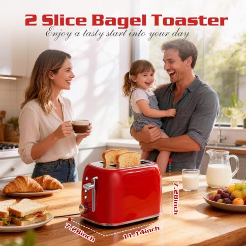 Image of Aigostar Toaster 2 Slice, Retro Extra-Wide Slot, Red