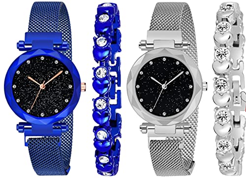 Acnos Stainless Steel Premium Magnet Blue Dial Silver Strap Analogue Watch for Women and Girls - Sweet Heart Bracelet Combo Pack of 2 Watches and 2 Bracelets