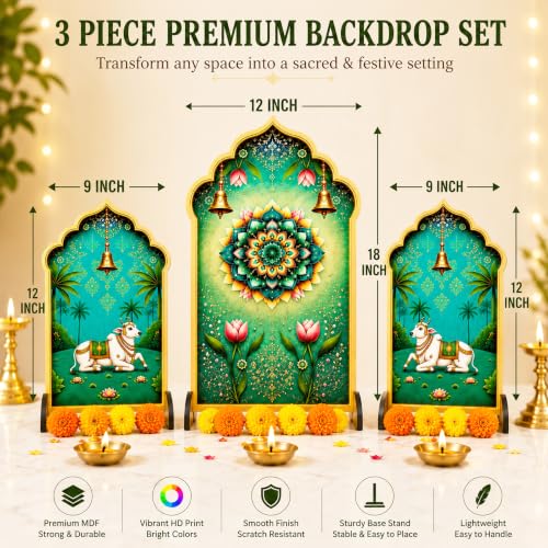 Image of Ganpati Decoration Setup for Home, Premium MDF Ganesh Chaturthi Backdrop Stand, 3 Panel Traditional Mandap Decor for Pooja, Aarti, Festival & Housewarming, Suitable for up to 12 Inches Ganpati.