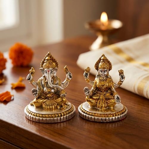Image of eCraftIndia Golden Silver Plated Metal Laxmi Ganesh Murti for Diwali Pooja | Lakshmi Ganesh Idol | Diwali Decoration Items for Home Decor.