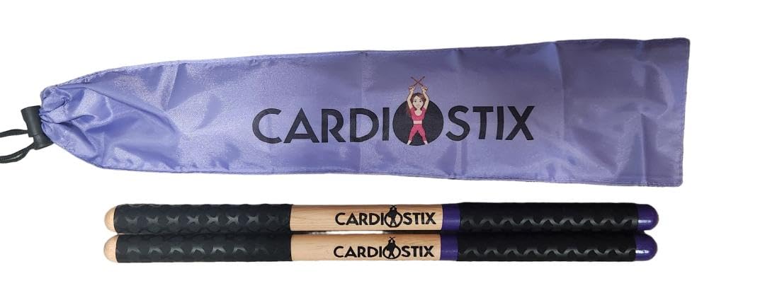 CardioStix Paquete de baquetas cardiovasculares de madera de nogal americano de alta calidad de 8.5 onzas (1 par), para batería, fitness, clase aeróbica, ejercicios (morado con bolsa)
