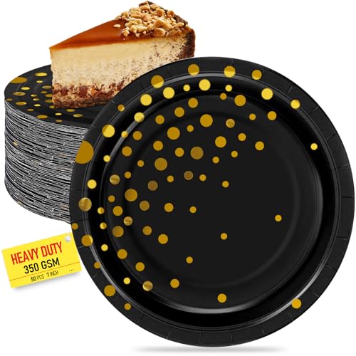 Disposable Paper Plates for Party Supplies, 7IN 50PCS Black and Gold Dessert/Cake Plates, Heavy Duty Gold Party Plate for Birthday, Graduation, Father's Day,Retirement,Anniversaries,Thanksgiving Party