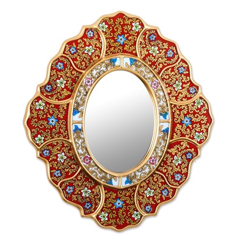 NOVICA Artisan Handmade Reverse Painted Glass Wall Mirror Unique Red Gold Glasswood Peru Decor Mirrors Floral [15.75in H x 13.75in W x 0.4in D] ' Floral Crimson'
