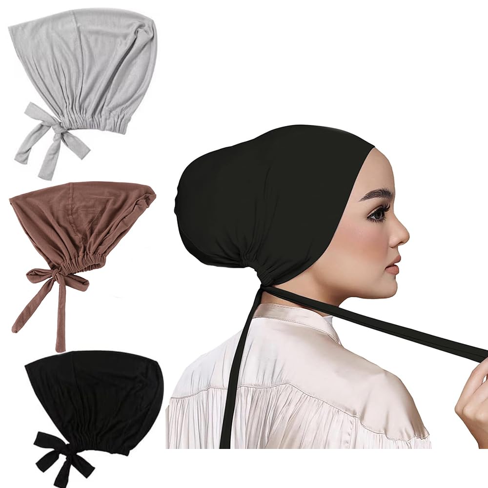 Under Scarf Hat Hijab Cap 3Pcs, Muslim under hijab head cap for Women, Islamic Headscarf Bonnet Cap Hijab Undercap Non Slip