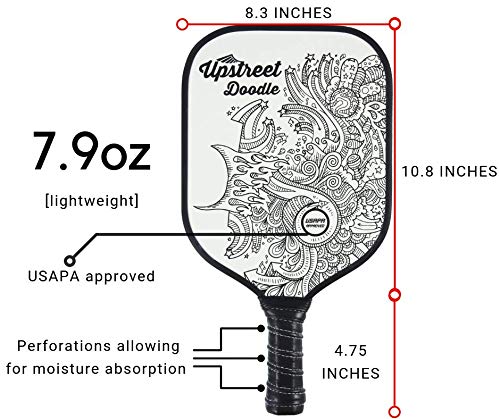 Upstreet Graphite Pickleball Paddle - Polypro Honeycomb Composite Core - Paddles Include Racket Cover (White with Black Drawings)