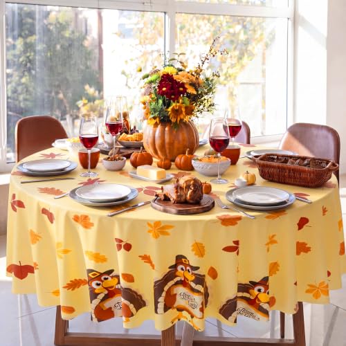 Image of LemonRoad 3 Pcs Fall Plastic Round Tablecloth for Thanksgiving | 84 Inch, Turkey Maple Leaves, Thanksgiving Disposable Table Cover, Autumn Circular Table Cloth, for Fall Harvest Party Decor