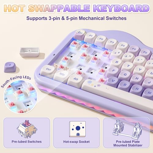 Image of YUNZII C75 Wireless Mechanical Keyboard,75% Layout, Hot-Swappable NKRO,BT5.0 /2.4G /USB-C Mode,Dye-Sub PBT MOA Keycaps,RGB Gasket Mount,Cute Cake Design for Mac /Win /Gaming (Purple, Candy Switch)