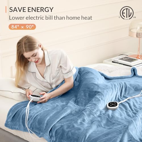 Image of HOMLYNS LuxeHeat Heated Blanket Electric Blanket Queen Size, Soft Flannel Sherpa Heating Blanket with 10 Heat Settings, 1-10 hrs Timer Auto Shut Off (84x90 inches, Blue), Only for 120V Voltage Use