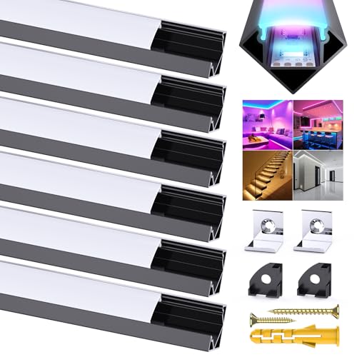 Chesbung 6Pack Schwarz LED Aluminum Kanal mit Milchiger Weißer Abdeckung V Form Profil Leiste Aluprofil für 12mm LED Streifen/Strip/Band Stripe Schiene Diffusor Alu Profil