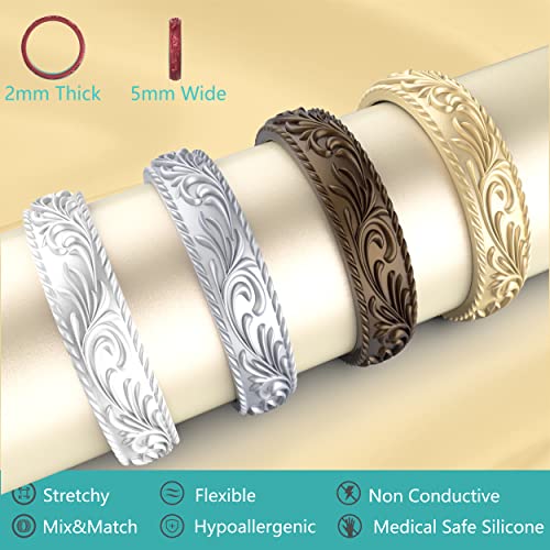 Zollen Silicone Wedding Rings For Women 4Packs -Metallic Stackable Silicone Rubber Wedding Bands -Innovative Vine Collection 6-6.5(16.5Mm) #TOP1