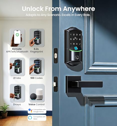 Veise VE027 Built-in Wi-Fi Smart Lock, Fingerprint Keyless Entry Front Door Lock, App Remote & Voice Control, No Hub Needed, Touchscreen Keypad Deadbolt, IP65 Waterproof, BHMA Grade 3, Matte Black thumbnail 3