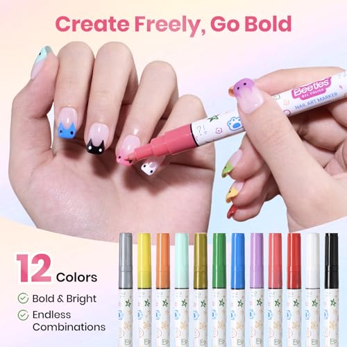 Image of Beetles 12 Colors Nail Art Pens, 0.7MM Painting Nail Polish Pens Quick Air Drying Acrylic Paint Markers for Nails Art Design Dotting Liner Brush, DIY Home & Salon Manicure Tools