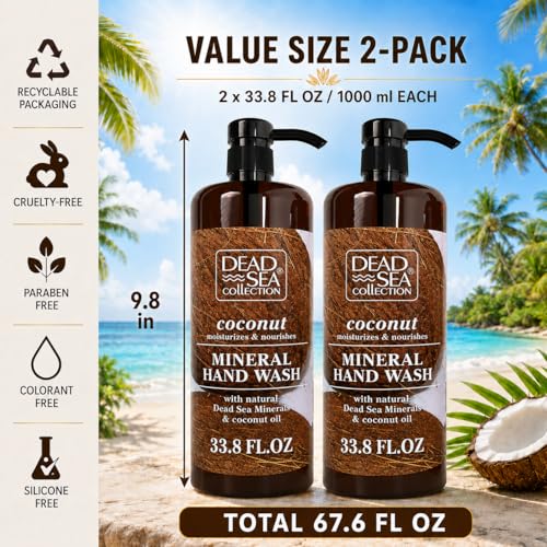 Image of Dead Sea Collection Hand Soap Pump Coconut - Hand Wash Liquid with Dead Sea Minerals and Coconut Oil - All Skin Types Moisturizing & Nourishing - Pack of 2 (33.8 Fl Oz Each) - 67.6 Fl Oz