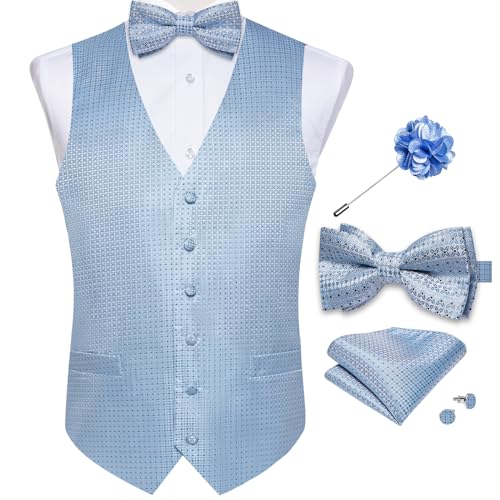 Image of DiBanGu Mens Paisley Suit Waistcoat,Silk Dress Vest and Bowtie Pocket Square Cufflinks with Lapel Pin Set for Wedding Tuxedo