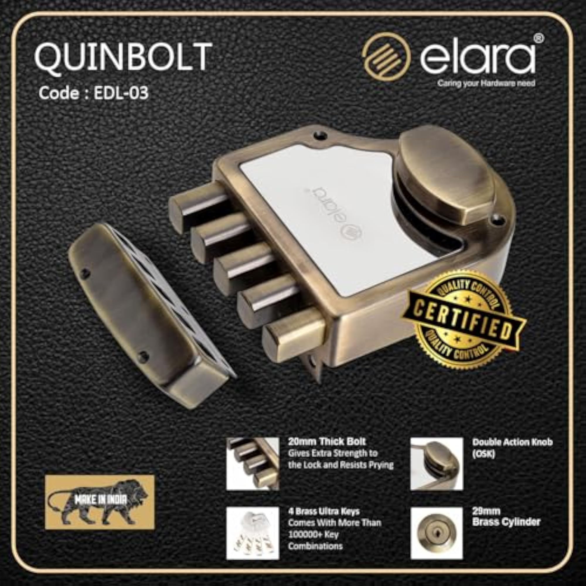 Quinbolt Deadbolt Lock for Wooden Doors, Right & Left Handed