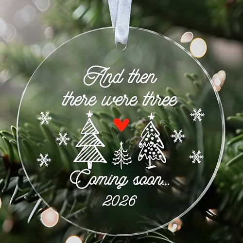 NKPDesigns and Then There were Three Coming Soon 2026 Ornament - Round Acrylic Christmas Pregnancy Announcement Design - Cute Holiday Keepsake - Gift for Family