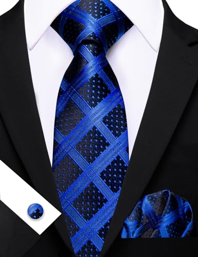 Image of Barry.Wang Plaid Ties Check Mens Necktie Set with Handkerchief Cufflinks Classic Stripe, B-royal Blue