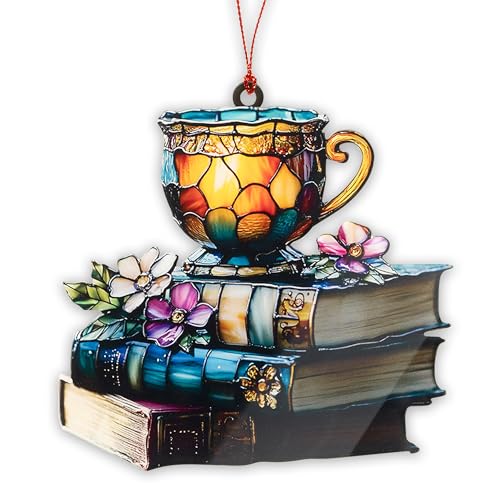 Book Ornament, Tea Books Floral Acrylic Suncatcher, Book Lover Gifts for Women, Christmas Ornaments for Tree, Gift for Readers Friends Coworker, Hanging Literary Decor, Holiday Ornaments