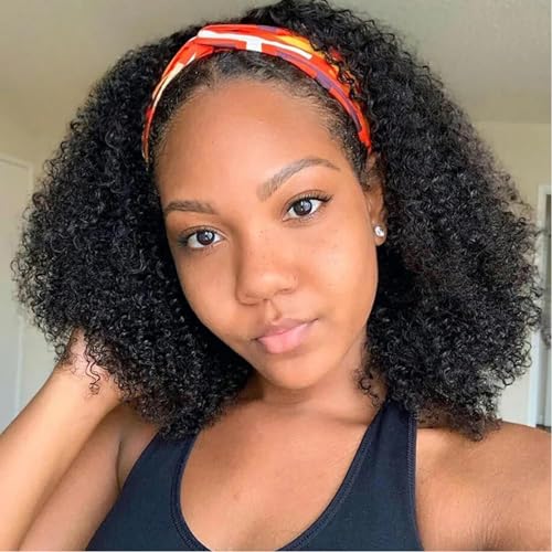 Image of XSY Headband Wig Human Hair Kinky Curly 12 Inch Headband Wigs for Black Women None Lace Front Wig Curly Brazilian Wear and Go Glueless Wig 150% Density Natural Color