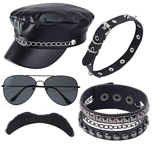 Beelittle Biker Costume Accessories Black Biker 80s Hat Punk Rock Sunglasses Mustache Gothic Biker Rocker Accessories Set for Men Women (A)