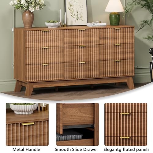 Image of Wodeer 9 Drawer Fluted Dresser for Bedroom, Mid Century Modern Wooden Dresser with 9 Drawers, Dressers & Chests of Drawers with Metal Handle, TV Stand & Storage Organizer for Entryway, Hallway, Walnut