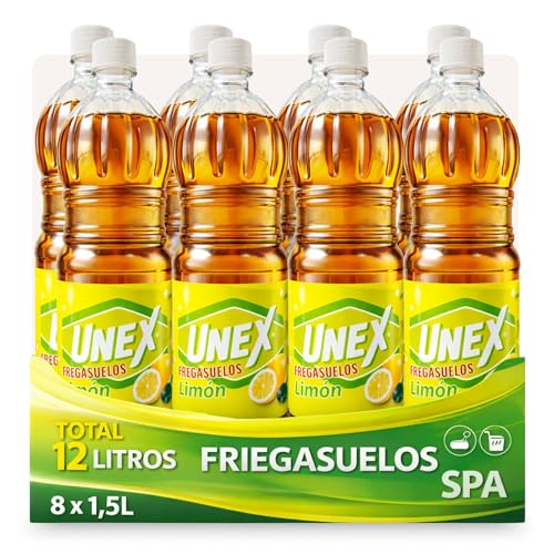 Friegasuelos aroma Limón, Limpiador de suelos olor a Limón, Con perfume intenso y duradero, Combate malos olores, ideal para conseguir un suelo reluciente y no dejar huellas, 8 botellas de 1.50 Litros