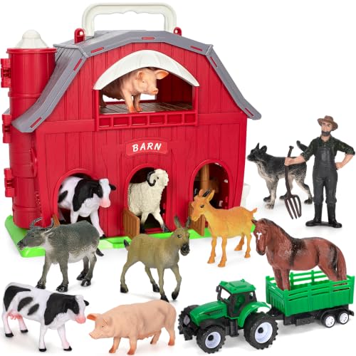 Farm Animals Toys For 1 2 3 4 5 Year Old Toddlers Girls Boys Big Red Barn With Figures And Tractor Toy Kids Playset Educational Learning Toys Ideal Christmas Birthday Gifts
