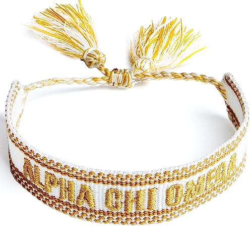 Sorority Shop Alpha Chi Omega Bracelet — Woven Bracelet, White and Gold Design with ACO Sorority Name and Tassels, Greek Sorority Jewelry and Big Little Sorority Gifts