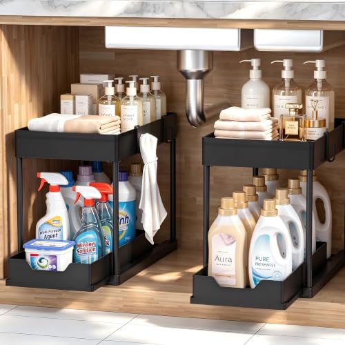 DEKAVA Under Sink Organizer 2 Pack, Bathroom Cabinet Organizer, 2 Tier Sliding Cabinet Basket Organizer Drawer, Multi-Purpose Bath Collection Baskets for Bathroom (Black)