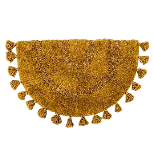Half Circle Boho Bathroom Rug With Tassels 100% Cotton Hand-Woven Bath Mat Non Slip Absorbent Bath Rugs With Rug Pad Washable Boho Bath Mat Carpet For Tub, Shower 20"X32" Mustard #TOP1