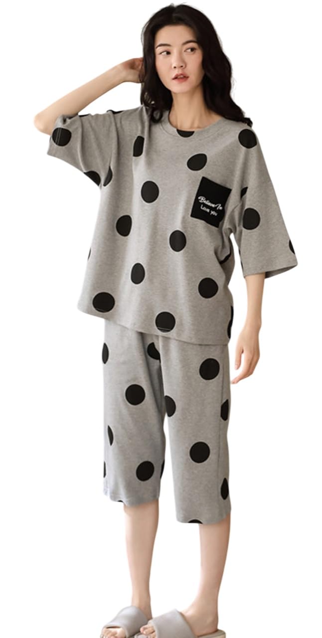Women's Polka Dot Pajama Set, Cotton Short Sleeve Top and Shorts, Grey Loungewear, Summer Sleepwear 2-Piece (Top & Shorts)