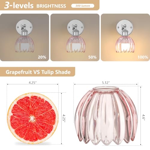 Image of Vintage Battery Operated Wall Sconce, Pink Tulip Glass Lampshade Wireless Rechargeable Battery Powered LED Wall Light with Remote Dimmable for Bedside Bedroom Living Room, Silver, Set of 2