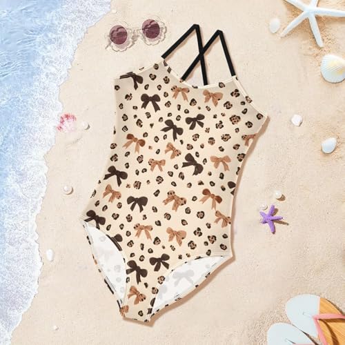 Leopard Print Bow Girls One Piece Swimsuits Summer Quick Dry Beach Bathing Suit3
