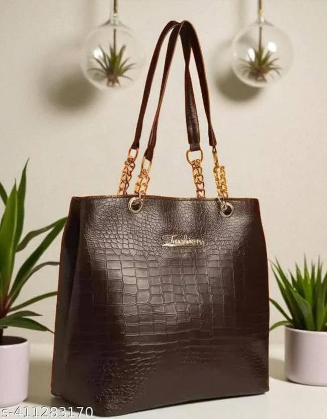 Image of Women's Structured Handbag | Premium Croc-Texture Tote Bag with Chain Handle | Stylish Office & Daily Use Ladies Shoulder Bag