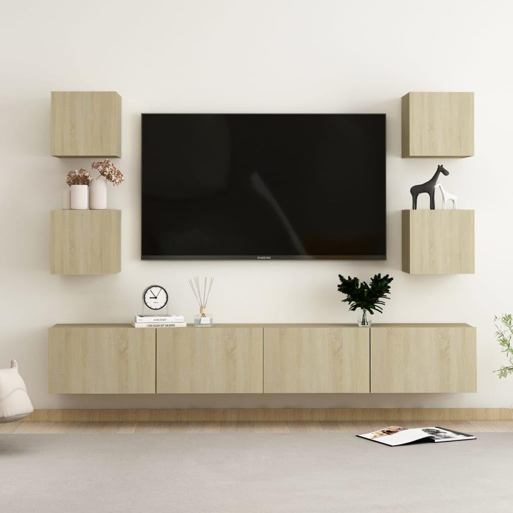 6-TLG. TV-Schrank-Set Sonoma-Eiche Holzwerkstoff, Wandmontage, Modernes Media-Center für Wohnzimmer, Schlafzimmer, 100x30x30 cm