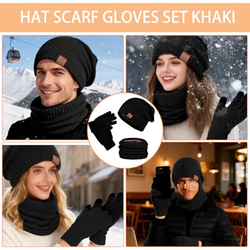 Tbintul Wintermütze, Schal und Touchscreen Handschuhe Set für Herren Damen, Fleecefutter Warme Knit Hut Loop Schal Rutschfeste Handschuhe, Elastische Mütze, für Herren & Damen (Schwarz)