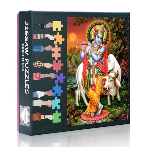 1000-Piece Jigsaw Puzzle for Adults - Hindu God 20"x28" Krishna Bansuri Cow,Religious Culture Challenging Collectible Wall Decor for Home & Sophisticated Gifts