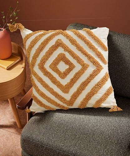 Image of Tarantaran Tufted Decorative Throw Pillow Cover, Blue and White Geometric Pattern with Tassels, 40.6 x 40.6 cm, Modern Square Pack of 2 (Yellow Diamond)