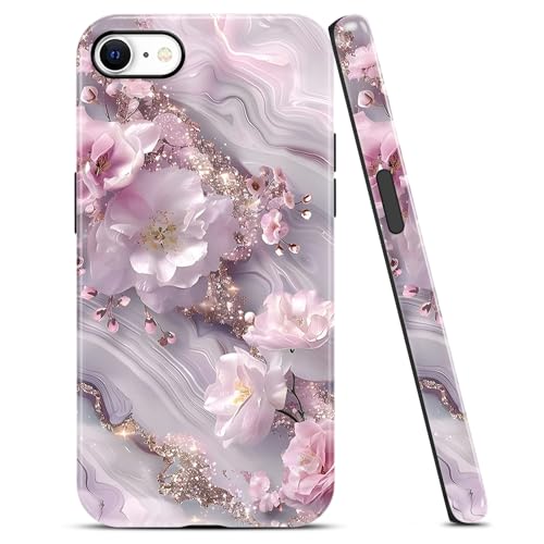 Coque iPhone SE 2022 rigide marbre rose pailleté hybride antichoc