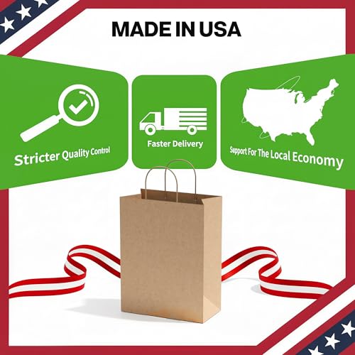 Image of Simple Deluxe Value Pack of 150 Kraft Paper Bags with Handles (10x5x13 Inch) - Made in USA from 90GSM 100% Recycled Paper for Retail, Bulk Savings for Retail, Stores & Gift Packaging