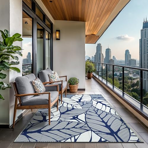 Image of GENIMO Outdoor Rug, Waterproof Plastic Rugs for Patio, 6'x9' Azure White | Outside Larger Leaf Carpet Mat for Porch Decor, Deck, Balcony, Camping, RV, Backyard, Picnic, Beach, Reversible, Foldable