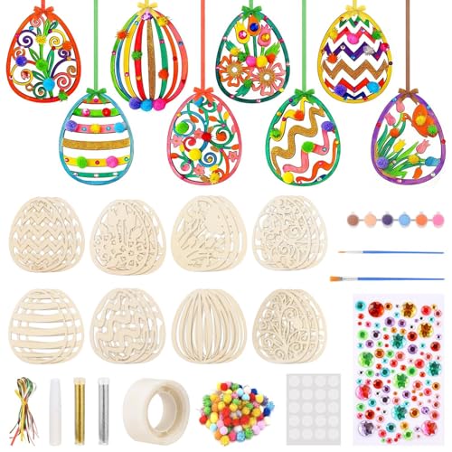 110 piezas Manualidades de Pascua para niños,huevos de Pascua de madera para pintar,decoración de Pascua,con pompones,set de pintura,decoraciones,hilo,pinceles,etc,manualidades de Pascua para niños