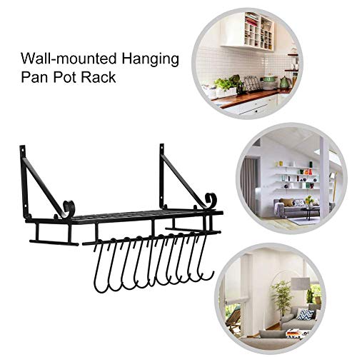 SOONHUA Wall Mounted Pan Rack Metal Pan Rack Hanging Wall Mounted With 10 Hook Holders Kitchen Storage Tray (45cm) - Image 5