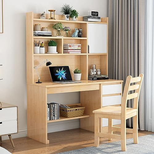 Moderno escritorio de madera de 47 pulgadas con 3 cajones y estante para oficina en casa, acabado de madera natural y blanco