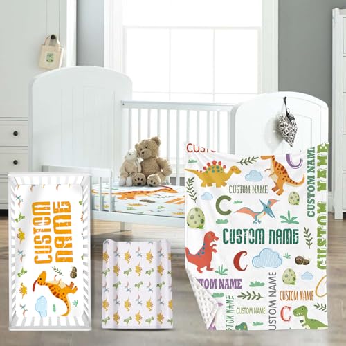 HSHRYY Custom Name Crib Bedding Set for Infant Baby, Personalized Nursery Decor Baby Blanket Fitted Crib Sheet Changing Pad Cover 3 Pcs, Various Cute Dinosaur Theme for Baby Girls