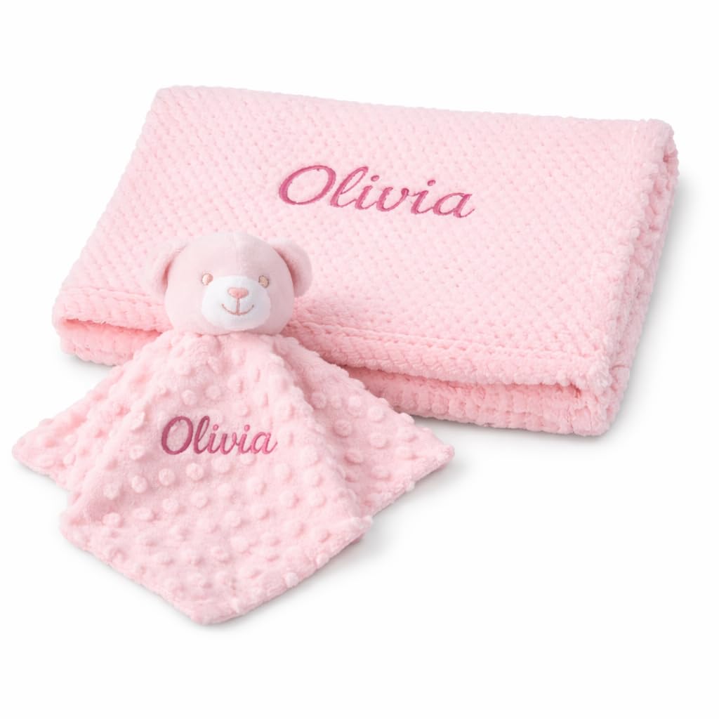 Baby Box Shop Personalised Baby Blanket & Bear Comforter Bundle - Embroidered Newborn Essentials, Personalised Blanket with Teddy Bear Comforter, Soft Customised Blanket for New Born Baby Girls (Pink)