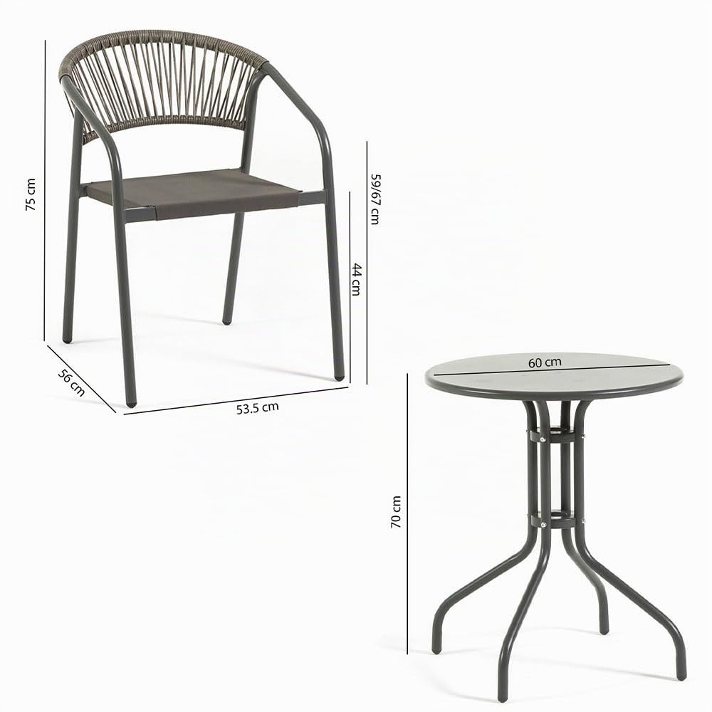 UBERTI. Set bistrò da balcone tavolino rotondo in metallo e 2 sedie in metallo con braccioli impilabili con schienale in corda, set salvaspazio per veranda e giardino - Max & Gaia (Grigio Scuro)