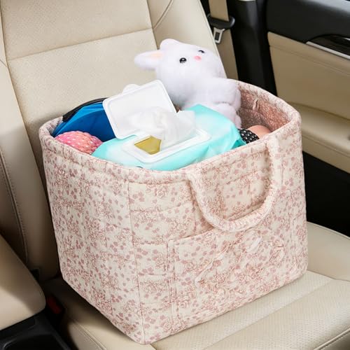 Image of Quilted Fabric Basket Foldable Car Storage Boho Floral Laundry Basket Hamper for Nursery Bedroom & Living Room | Organize Clothes Toys