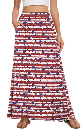 Image of Womens Maxi A-line Long Skirt Casual 2026 Elastic High Waist Flowy Skirts with Pockets